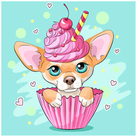 Cute happy funny chihuahua cartoon dog in cupcake, lovely chiwawa puppy girl in yummy muffin with pink frosting on blue backgroundのイラスト素材