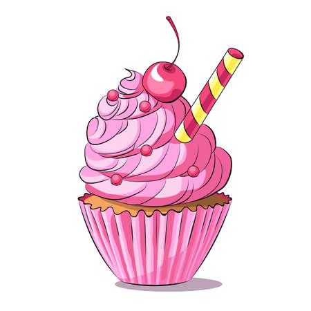 Cupcake vector illustration isolated on white background, cherry muffin clip artのイラスト素材