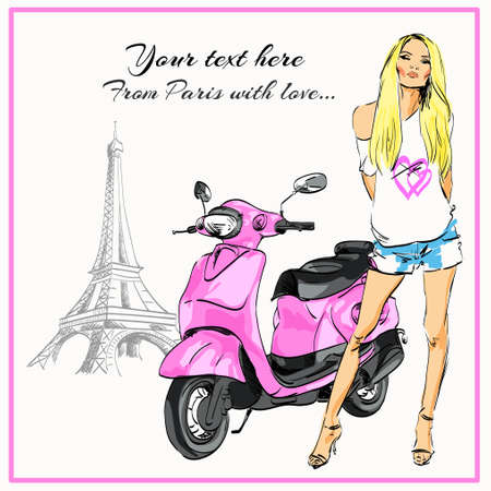 Postcard with a girl on the theme of Parisのイラスト素材