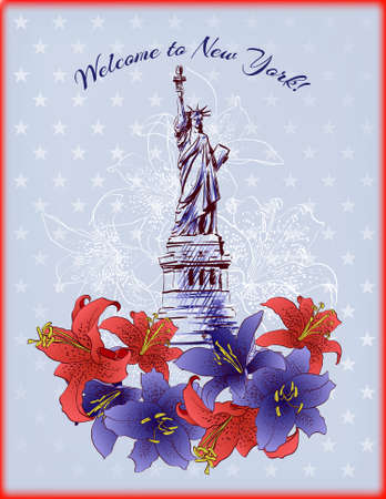 Travel to New York Poster - Vintage travel advertisement with New York City and Statue of Liberty against the sunny sky; hand drawn vector illustrationのイラスト素材