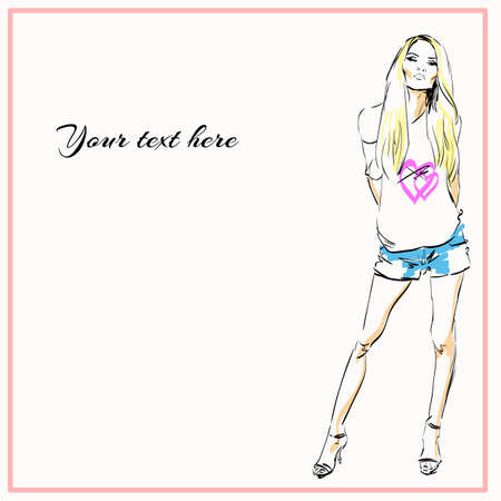 Beautiful girl hand painted, bar, fashion womanのイラスト素材