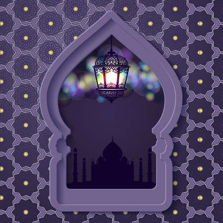 Ramadan Kareem greeting on blurred background with beautiful illuminated arabic lamp and hand drawn calligraphy lettering.のイラスト素材