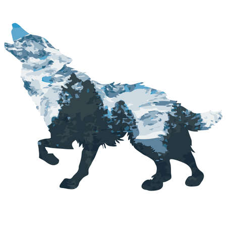 Wolf double exposure mountain landscape with fir treesのイラスト素材