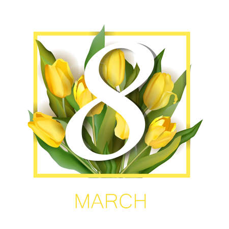Banner for the International Women's Day. Flyer for March 8 with the decor of flowers. Invitations with the number 8 in the style of cut paper with a pattern of spring plants, leaves and flowers of tulipsのイラスト素材