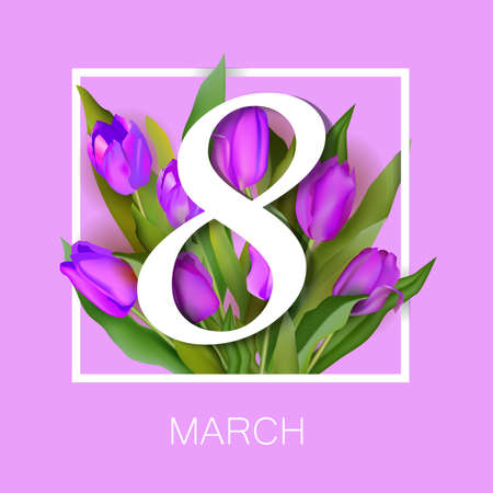 Banner for the International Women's Day. Flyer for March 8 with the decor of flowers. Invitations with the number 8 in the style of cut paper with a pattern of spring plants, leaves and flowers of tulipsのイラスト素材