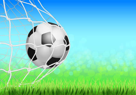 Soccer game match goal moment with ball in the net, mesh. Football ball in goal.のイラスト素材