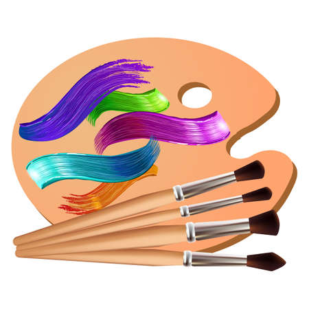 Drawing tools cartoon elements colorful vector concept. Art supplies: palette, brushes, watercolor background. Drawing materials creative illustration workshop designs, 3D strokesのイラスト素材