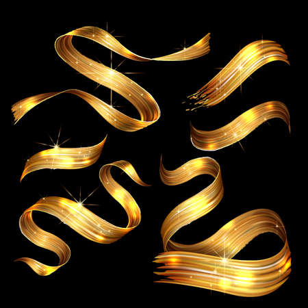 Vector 3D Paint gold. Abstract Spiral Brush Stroke. Flowing Ribbon Shape. Digital Liquid Ink. Dynamic Artistic Wave. Isolated Background Design. Acrylic Splash Ribbon. Calligraphic Brushstroke Loop.のイラスト素材
