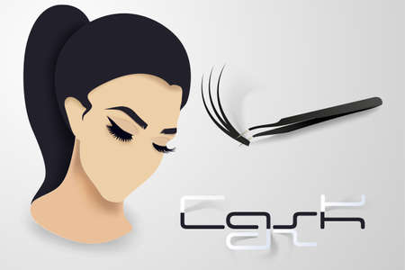 Eyelash extension. Beautiful eyelashes ready design template in paper volumetric style layers in color, beautiful girl with eyelashes and eyebrowsのイラスト素材