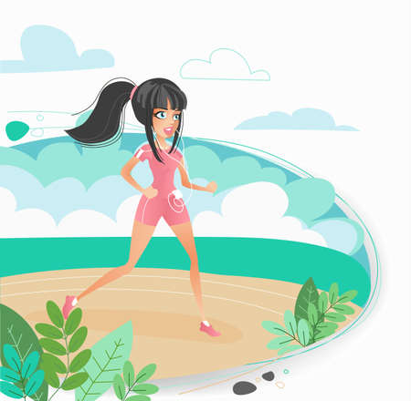 beautiful girl running on the beach, healthy lifestyle, sports benefit, vector illustration, running in summerのイラスト素材