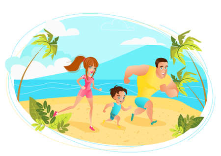 Happy family on summer vacation. Hello summer design concept. young family mom dad baby run on the beach, girl boy and man by the seaのイラスト素材