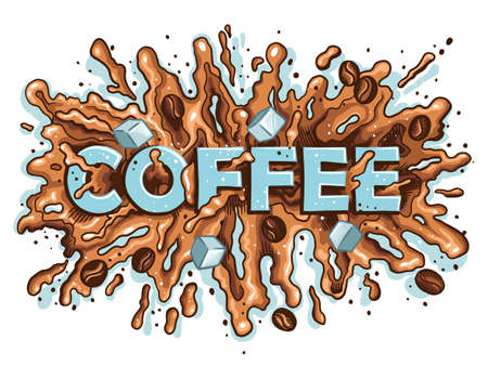 Coffee, spilled blot, coffee spray. Coffee color lettering.のイラスト素材