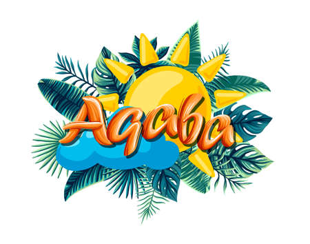 Aqaba Advertising emblem with type design and tropical flowers and plantsのイラスト素材