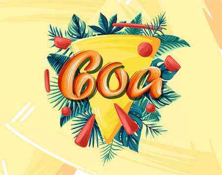 Goa Advertising emblem with type design and tropical flowers and plantsのイラスト素材