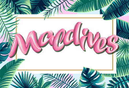 Maldives tropical leaves bright banner orange lettersのイラスト素材