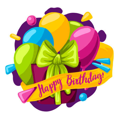 Happy Birthday typography vector design for greeting cards and poster with balloon, confetti and gift box, design template for birthday celebration.のイラスト素材