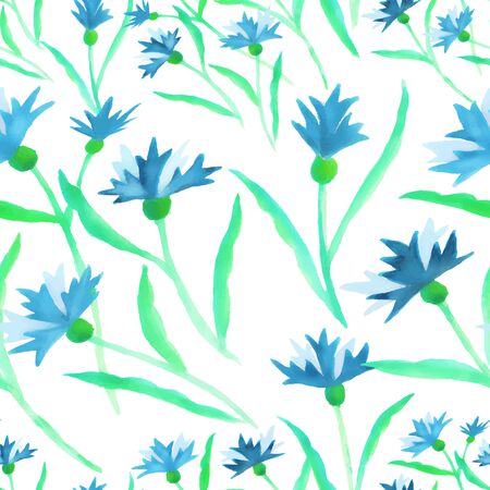 repeatble seamless watercolor blue cornflower border on whiteのイラスト素材