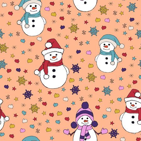 Christmas seamless pattern with snowman, fir trees and snowflakes. Perfect for wallpaper, wrapping paper, pattern fills, winter greetings, web page background, Christmas and New Year greeting cardsのイラスト素材