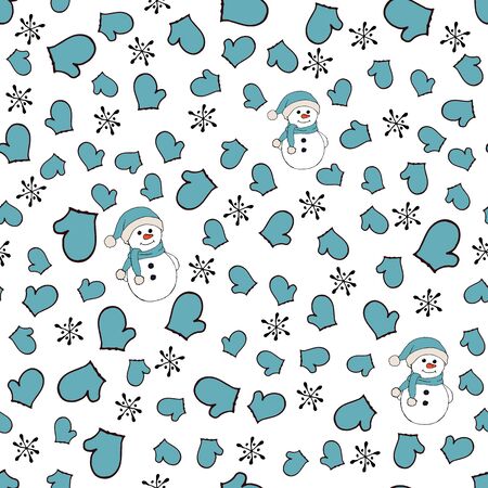Christmas seamless pattern with snowman, fir trees and snowflakes. Perfect for wallpaper, wrapping paper, pattern fills, winter greetings, web page background, Christmas and New Year greeting cardsのイラスト素材