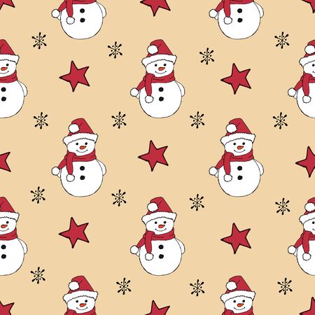 Christmas seamless pattern with snowman, fir trees and snowflakes. Perfect for wallpaper, wrapping paper, pattern fills, winter greetings, web page background, Christmas and New Year greeting cardsのイラスト素材
