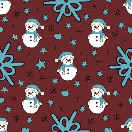 Christmas seamless pattern with snowman, fir trees and snowflakes. Perfect for wallpaper, wrapping paper, pattern fills, winter greetings, web page background, Christmas and New Year greeting cardsのイラスト素材