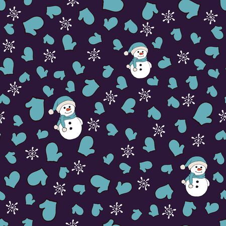 Christmas seamless pattern with snowman, fir trees and snowflakes. Perfect for wallpaper, wrapping paper, pattern fills, winter greetings, web page background, Christmas and New Year greeting cardsのイラスト素材
