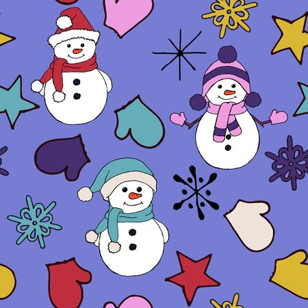 Christmas seamless pattern with snowman, fir trees and snowflakes. Perfect for wallpaper, wrapping paper, pattern fills, winter greetings, web page background, Christmas and New Year greeting cardsのイラスト素材