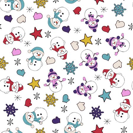 Christmas seamless pattern with snowman, fir trees and snowflakes. Perfect for wallpaper, wrapping paper, pattern fills, winter greetings, web page background, Christmas and New Year greeting cardsのイラスト素材