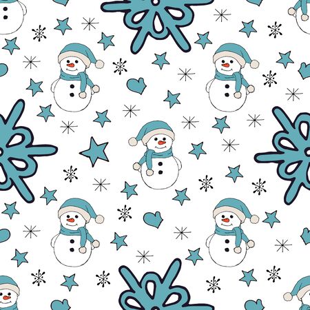Christmas seamless pattern with snowman, fir trees and snowflakes. Perfect for wallpaper, wrapping paper, pattern fills, winter greetings, web page background, Christmas and New Year greeting cardsのイラスト素材