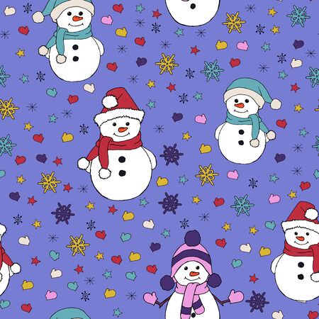Christmas seamless pattern with snowman, fir trees and snowflakes. Perfect for wallpaper, wrapping paper, pattern fills, winter greetings, web page background, Christmas and New Year greeting cardsのイラスト素材