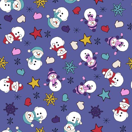 Christmas seamless pattern with snowman, fir trees and snowflakes. Perfect for wallpaper, wrapping paper, pattern fills, winter greetings, web page background, Christmas and New Year greeting cardsのイラスト素材