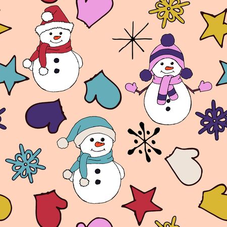 Christmas seamless pattern with snowman, fir trees and snowflakes. Perfect for wallpaper, wrapping paper, pattern fills, winter greetings, web page background, Christmas and New Year greeting cardsのイラスト素材