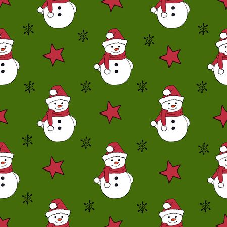 Christmas seamless pattern with snowman, fir trees and snowflakes. Perfect for wallpaper, wrapping paper, pattern fills, winter greetings, web page background, Christmas and New Year greeting cardsのイラスト素材