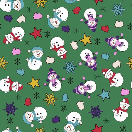 Christmas seamless pattern with snowman, fir trees and snowflakes. Perfect for wallpaper, wrapping paper, pattern fills, winter greetings, web page background, Christmas and New Year greeting cardsのイラスト素材