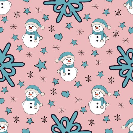 Christmas seamless pattern with snowman, fir trees and snowflakes. Perfect for wallpaper, wrapping paper, pattern fills, winter greetings, web page background, Christmas and New Year greeting cardsのイラスト素材