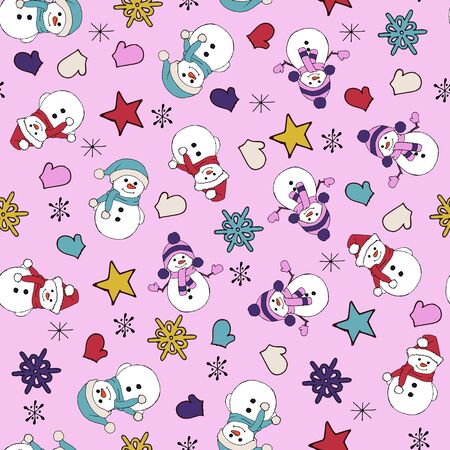 Christmas seamless pattern with snowman, fir trees and snowflakes. Perfect for wallpaper, wrapping paper, pattern fills, winter greetings, web page background, Christmas and New Year greeting cardsのイラスト素材