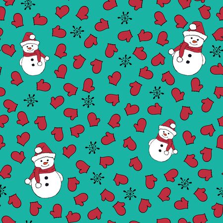 Christmas seamless pattern with snowman, fir trees and snowflakes. Perfect for wallpaper, wrapping paper, pattern fills, winter greetings, web page background, Christmas and New Year greeting cardsのイラスト素材