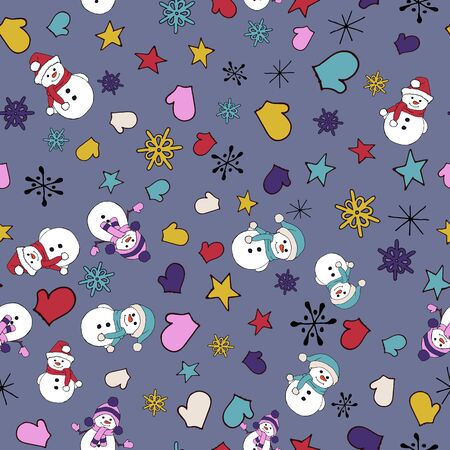 Christmas seamless pattern with snowman, fir trees and snowflakes. Perfect for wallpaper, wrapping paper, pattern fills, winter greetings, web page background, Christmas and New Year greeting cardsのイラスト素材