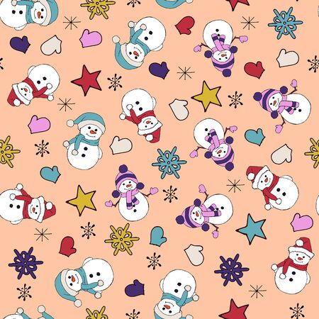 Christmas seamless pattern with snowman, fir trees and snowflakes. Perfect for wallpaper, wrapping paper, pattern fills, winter greetings, web page background, Christmas and New Year greeting cardsのイラスト素材
