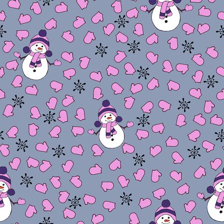 Christmas seamless pattern with snowman, fir trees and snowflakes. Perfect for wallpaper, wrapping paper, pattern fills, winter greetings, web page background, Christmas and New Year greeting cardsのイラスト素材