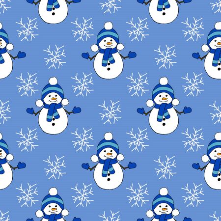 Christmas seamless pattern with snowman, fir trees and snowflakes. Perfect for wallpaper, wrapping paper, pattern fills, winter greetings, web page backgroundのイラスト素材