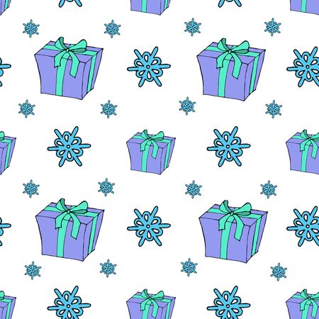 Christmas seamless pattern with Christmas toys, gifts and snowflakes. Perfect for wallpapers, wrapping paper, pattern fills, winter greetings, web page background. Separate illustrations. White isolated background.のイラスト素材