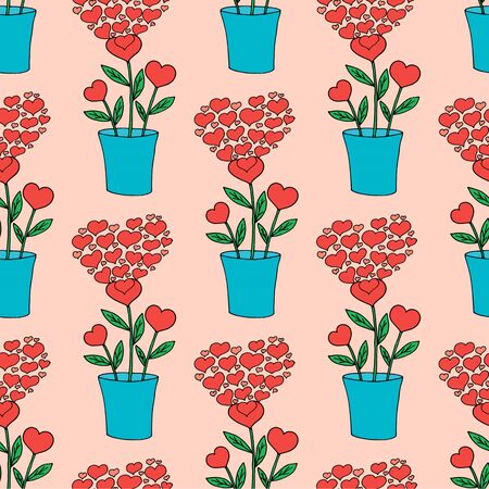 Valentines day seamless pattern with coffee cup and hearts. Beautiful greeting card with valentines day seamless pattern. Red heart valentine love logo vector. Holiday background.Vector illustrationのイラスト素材