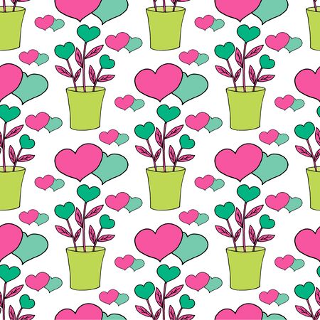 Valentines day seamless pattern with coffee cup and hearts. Beautiful greeting card with valentines day seamless pattern. Red heart valentine love logo vector. Holiday background.Vector illustrationのイラスト素材