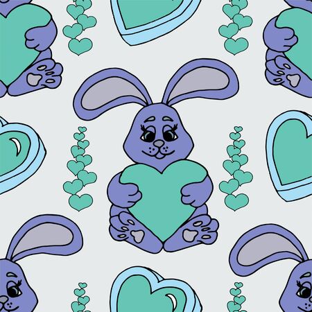 Valentines day seamless pattern with hearts and a bunny.. Beautiful greeting card with valentines day seamless pattern. Red heart valentine love logo vector. Holiday background.Vector illustrationのイラスト素材