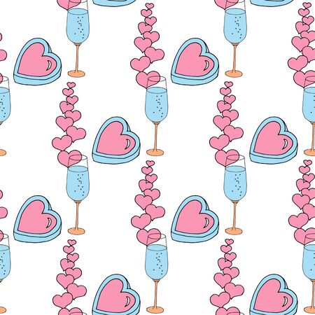 Vector seamless pattern on love theme. Valentines day seamless wine glass and hearts. Beautiful abstract pattern with Valentines day seamless pattern for decorative design. Logo element for wedding illustration. Vintage design. Greeting card.のイラスト素材