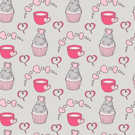 Vector graphic of the various sweets and desserts decorated into seamless pattern. Valentines day seamless pattern of hearts and cupcakes. Beautiful abstract pattern with Valentines day seamless pattern for decorative design. Logo element for wedding illustration. Vintage design. Greeting card.のイラスト素材
