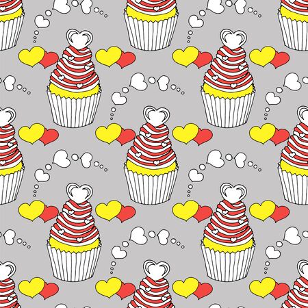 Vector graphic of the various sweets and desserts decorated into seamless pattern. Valentines day seamless pattern of hearts and cupcakes. Beautiful abstract pattern with Valentines day seamless pattern for decorative design. Logo element for wedding illustration. Vintage design. Greeting card.のイラスト素材