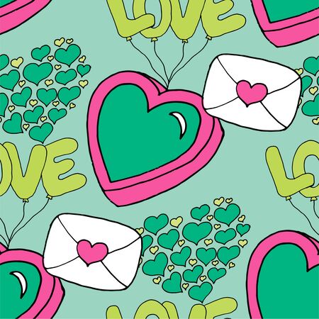 Valentines day seamless pattern with coffee cup and hearts. Beautiful greeting card with valentines day seamless pattern. Red heart valentine love logo vector. Holiday background.Vector illustrationのイラスト素材