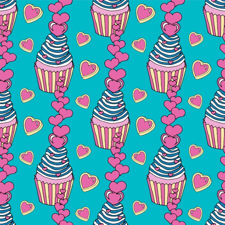 Vector graphic of the various sweets and desserts decorated into seamless pattern. Valentines day seamless pattern of hearts and cupcakes. Beautiful abstract pattern with Valentines day seamless pattern for decorative design. Logo element for wedding illustration. Vintage design. Greeting card.のイラスト素材